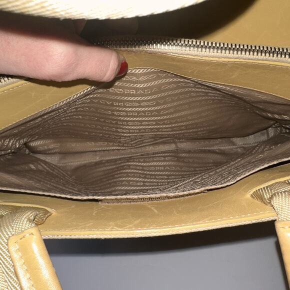 Prada Hand Bag Beige Yellow Canvas Leather Tote Authentic Vintage - Picture 13 of 15